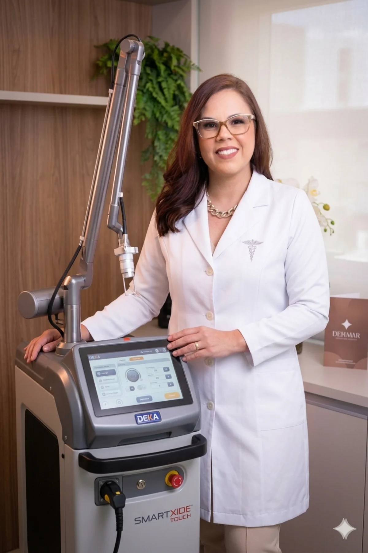 Dra. Paula A. Conceição com o aparelho de laser SmartXide Touch (Deka)